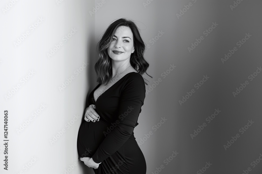 Fototapeta premium Pregnant woman in sleek black dress, minimal gray background, elegant maternity style, serene side profile pose, soft lighting, confident motherly expression, copy space