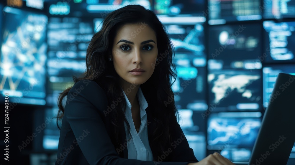 Confident businesswoman in high-tech office working on digital screens, modern workspace Confident businesswoman in high-tech office working on digital screens, modern workspace