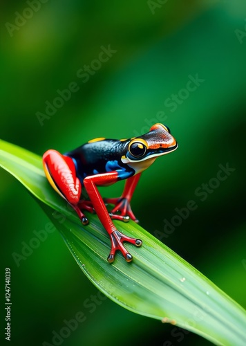 A vibrant red blue and yellow poison dart frog perched on a leaf with a blurred green background bokeh green bokeh green abstract background light bright blur pattern