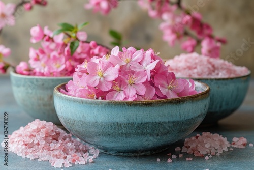 Cherry blossom flowers and pink salt in decorative bowls on a blue surface wi...