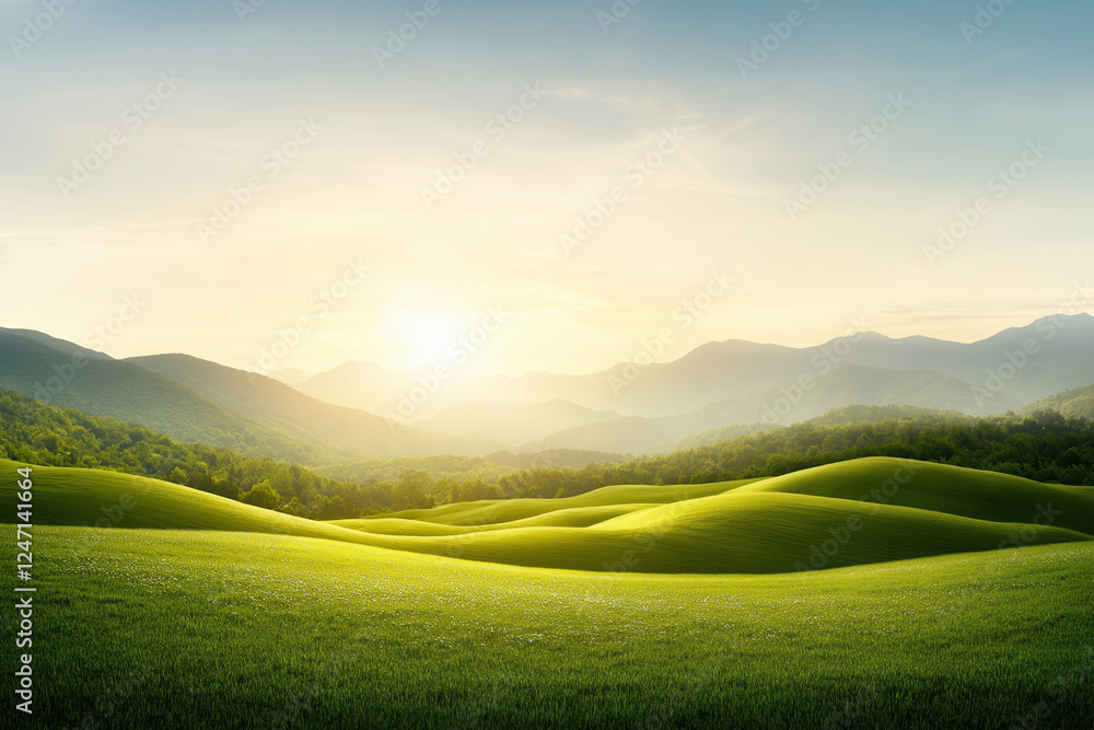 Fototapeta premium Serene sunrise over rolling green hills and distant mountains near a tranquil valley