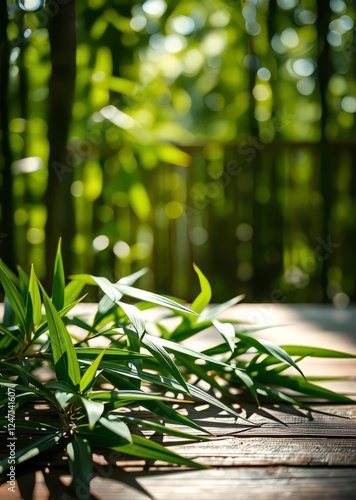 Green bamboo leaves on the wooden table with sunlight and bokeh background bokeh green bokeh green abstract background light bright blur pattern