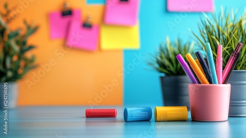 Colorful markers surround a blank picture frame on a vibrant blue surface