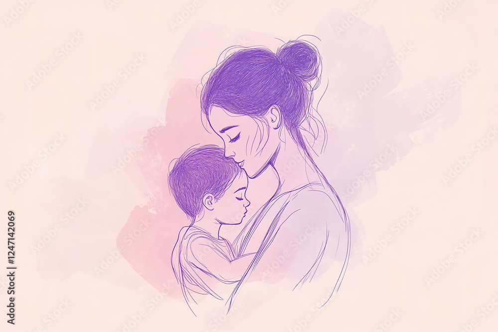 Mother and child sharing a tender moment in a soft artistic illustration with gentle colors and graceful lines Mother and child sharing a tender moment in a soft artistic illustration with gentle colors and graceful lines