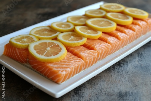 Fresh salmon fillets garnished with lemon slices presented on a clean serving...