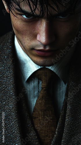 Stylish man in a tailored suit with intense expression captured in low light