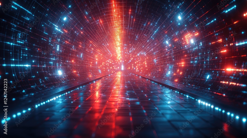Obraz premium A vibrant digital tunnel with glowing blue and red lights, suggesting a futuristic environment.
