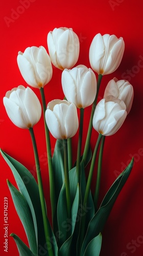 Elegant white tulips arranged against a vibrant red background showcasing nat...