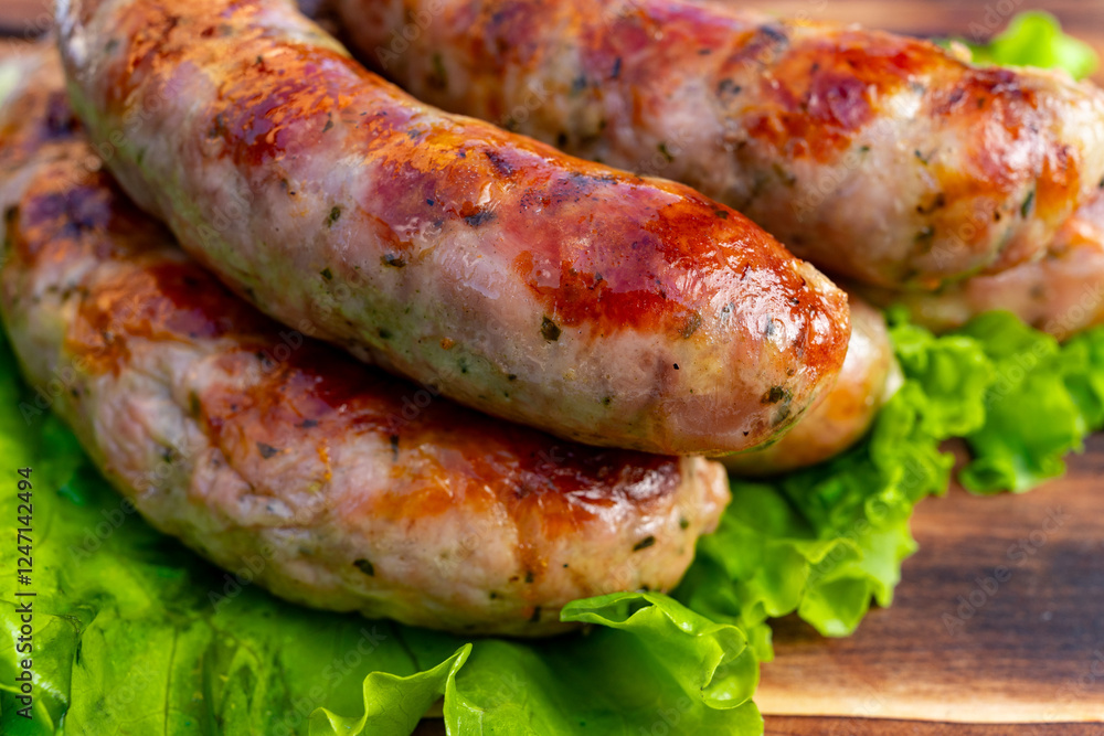 Grilled sausages on fresh lettuce arranged for a backyard barbecue meal Grilled sausages on fresh lettuce arranged for a backyard barbecue meal