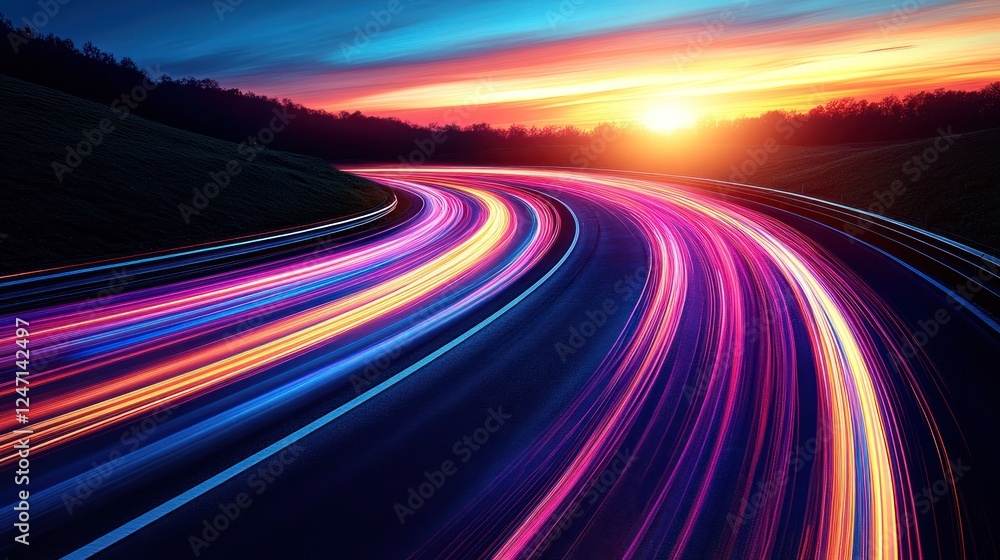 Sunset highway speed light trails, rural landscape Sunset highway speed light trails, rural landscape