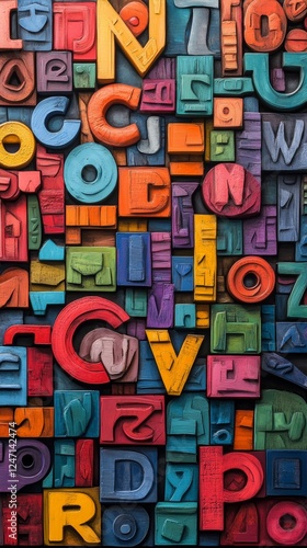 Colorful plastic letters arranged in a vibrant pattern on a surface