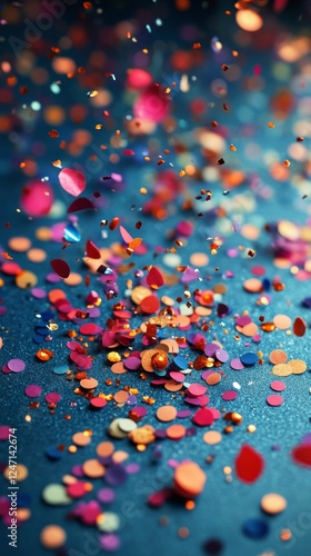 Vibrant confetti scattered across a blue surface creates a festive atmosphere...