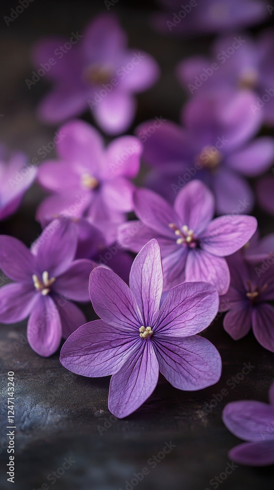 Purple flowers on a dark surface, highlighting their vibrant colors and intricate details Purple flowers on a dark surface, highlighting their vibrant colors and intricate details