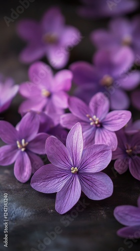 Purple flowers on a dark surface, highlighting their vibrant colors and intri...