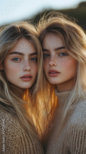 Two young women with long hair pose closely together, showcasing natural beau...
