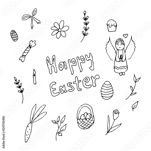 Hand-Drawn Happy Easter Doodle with Angel and Symbols