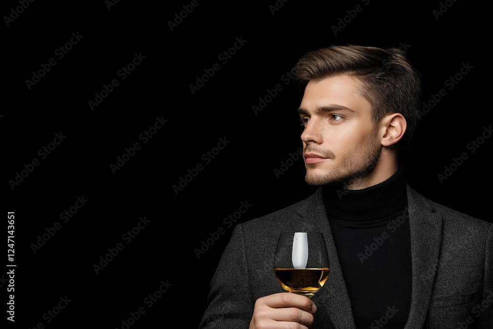 Elegant man holding a glass of wine, dressed in a stylish outfit against a dark background Elegant man holding a glass of wine, dressed in a stylish outfit against a dark background