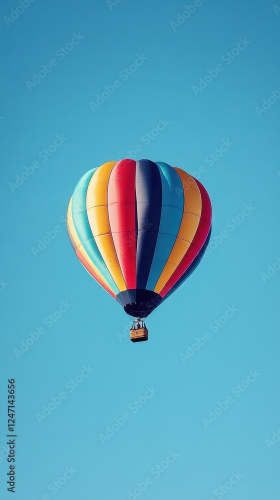 Naklejka premium Colorful Hot Air Balloon Soaring Through a Clear Blue Sky
