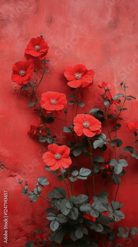 Vibrant red flowers blooming against a bold red wall during daylight hours