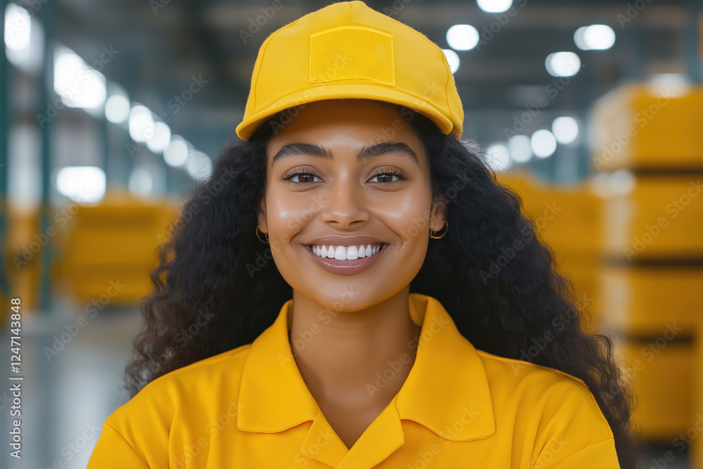 Smiling woman in yellow uniform and cap stands in a bright warehouse environment Smiling woman in yellow uniform and cap stands in a bright warehouse environment