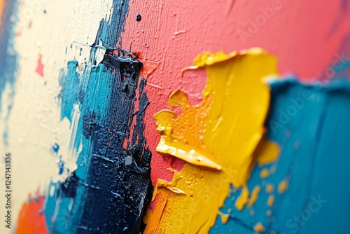 Vibrant abstract painting with layers of colorful paint drips on canvas in a ...