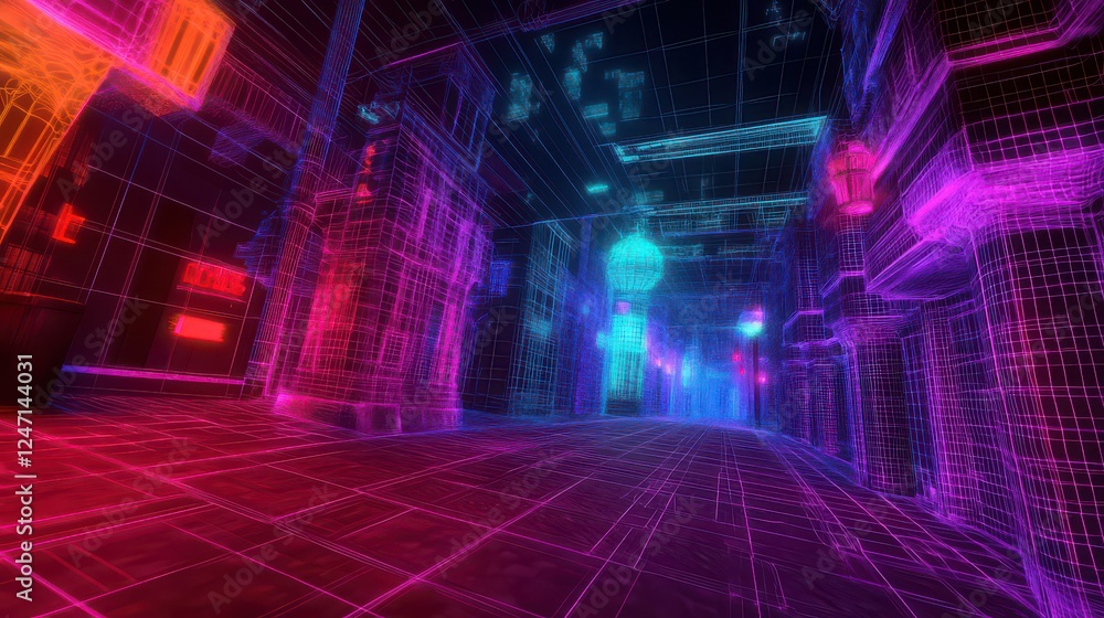 Fototapeta premium 3D wireframe cityscape with glowing neon details and digital texture effects.