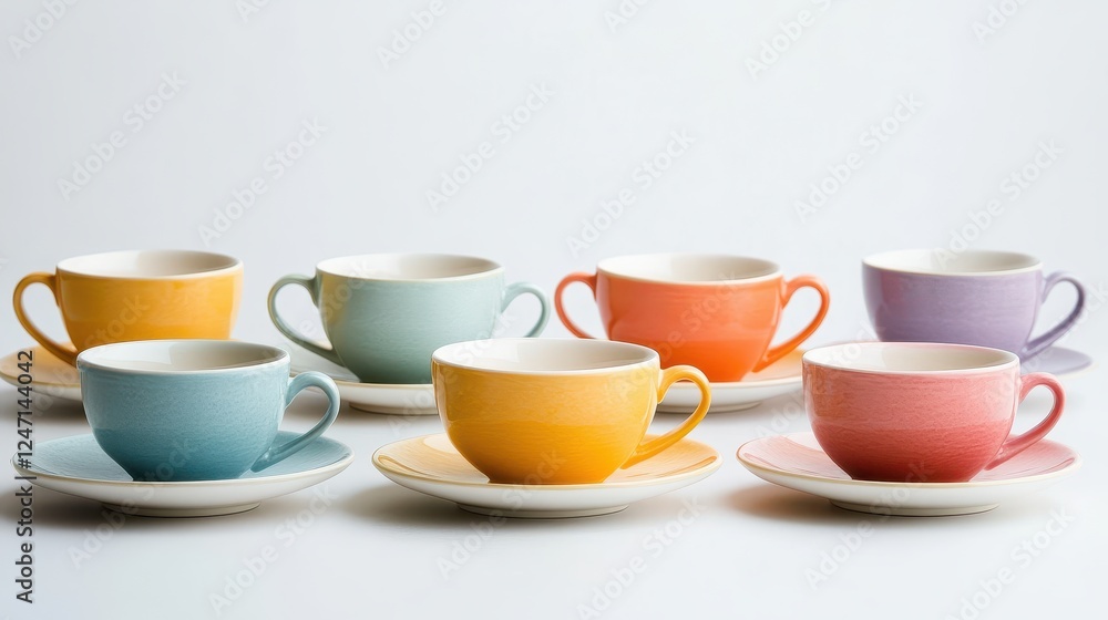 Close-up of a set of tea cups and saucers isolated on a white surface, ideal for beverage product marketing. Close-up of a set of tea cups and saucers isolated on a white surface, ideal for beverage product marketing.