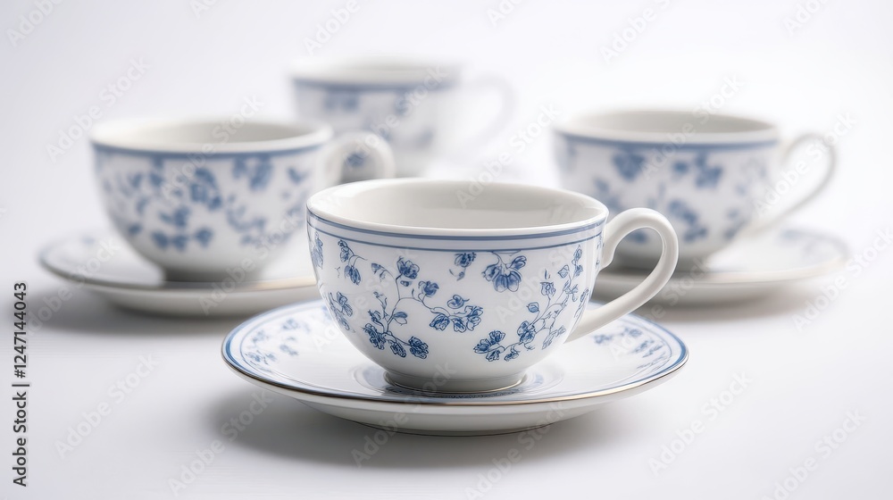 Close-up of a set of tea cups and saucers isolated on a white surface, ideal for beverage product marketing. Close-up of a set of tea cups and saucers isolated on a white surface, ideal for beverage product marketing.