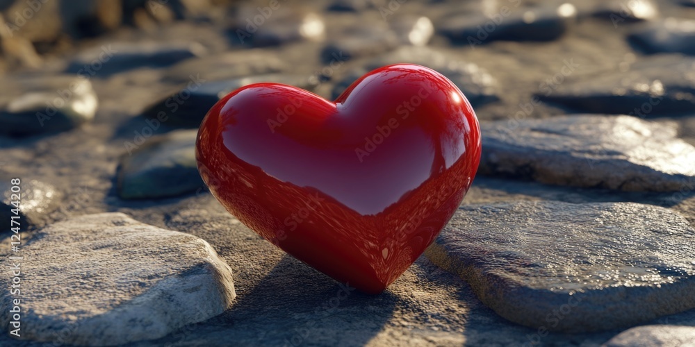Obraz premium A red heart is sitting on a rocky surface. The heart is surrounded by rocks, and it is a symbol of love. Concept of warmth and affection, as the heart is a universally recognized symbol of love
