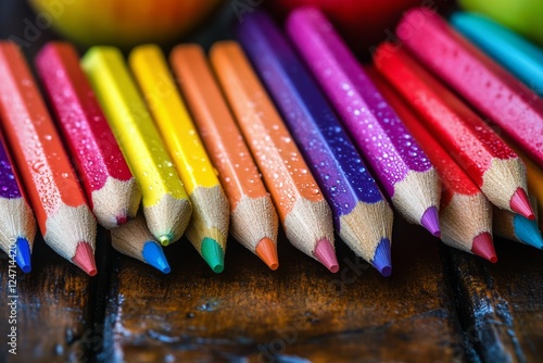 Brightly colored pencils arranged with fresh apples on a rustic wooden surface