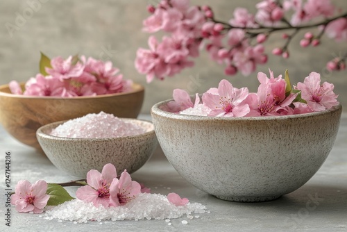 Cherry blossom flowers and pink salt in decorative bowls on a blue surface wi...