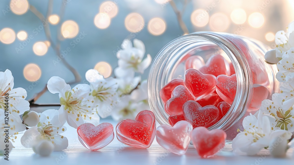 Festive valentines display with heart-shaped candies and delicate flowers in a cozy atmosphere Festive valentines display with heart-shaped candies and delicate flowers in a cozy atmosphere