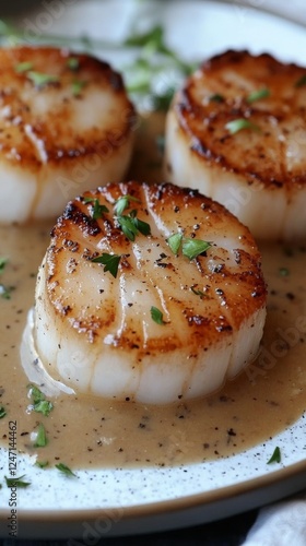 Grilled scallops served with savory sauce and fresh herbs for a delightful cu...