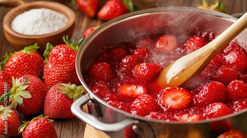 Fresh strawberries simmer in a pot for homemade jam preparation during a sunny afternoon
