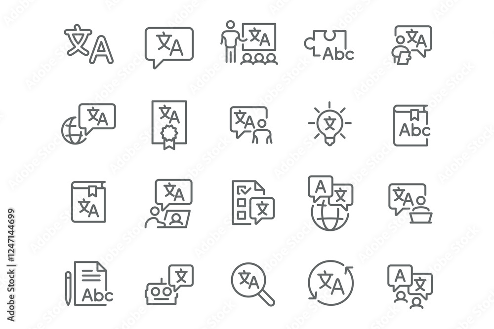 Language and Translation Icon Collection – The set features icons representing speech and text translation, language exchange, translation services, document translation, and online learning tools Language and Translation Icon Collection – The set features icons representing speech and text translation, language exchange, translation services, document translation, and online learning tools