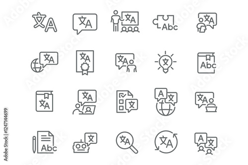 Language and Translation Icon Collection – The set features icons representing speech and text translation, language exchange, translation services, document translation, and online learning tools