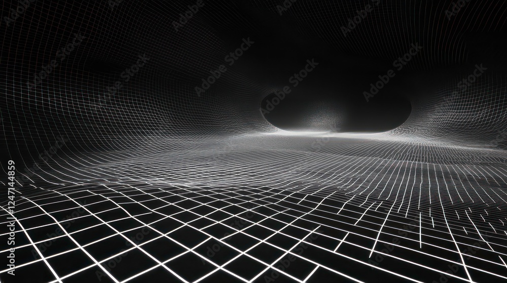 Obraz premium 3d abstract black and white background. Retrowave retro 80s 90s futuristic grey laser neon grid surface. Wireframe tunnel net in dark space isolated black Disco music template