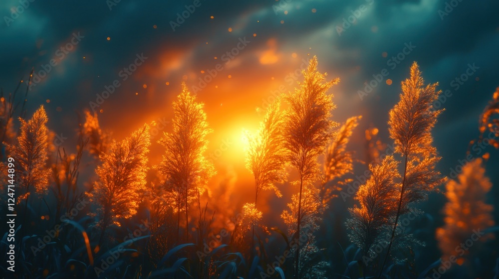 Fototapeta premium Sunset Pampas Grass Field, Dramatic Sky, Wallpaper