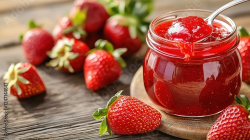 Wallpaper Mural Freshly made strawberry jam in a glass jar on a rustic wooden table with ripe strawberries nearby Torontodigital.ca