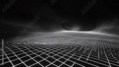 Fototapeta Naklejka Na Ścianę i Meble -  3d abstract black and white background. Retrowave retro 80s 90s futuristic grey laser neon grid surface. Wireframe tunnel net in dark space isolated black Disco music template