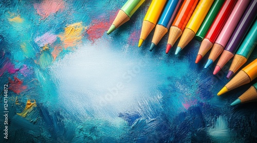 Vibrant colored pencils arranged creatively on a blue textured background