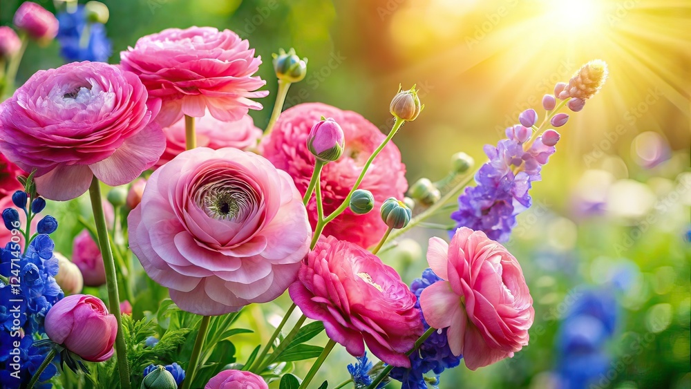 Obraz premium Pink Ranunculus & Delphinium Bouquet - Morning Garden