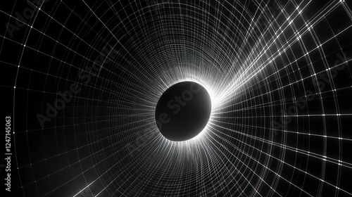 Fototapeta Naklejka Na Ścianę i Meble -  3d abstract black and white background. Retrowave retro 80s 90s futuristic grey laser neon grid surface. Wireframe tunnel net in dark space isolated black Disco music template