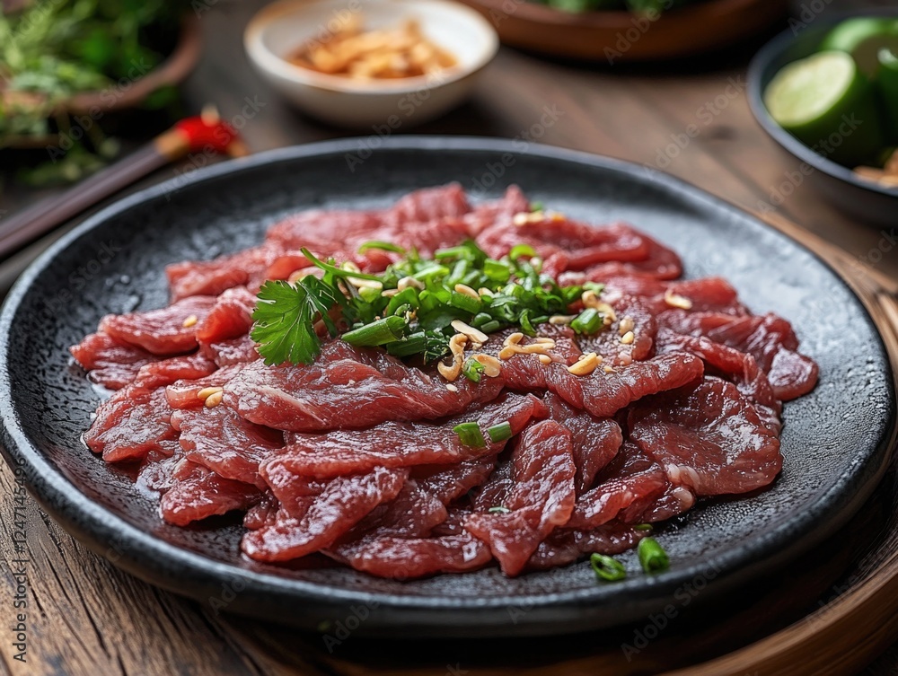 A tantalizing sushi roll featuring succulent wagyu beef, a type of high-quality beef known for its flavor and tenderness. A tantalizing sushi roll featuring succulent wagyu beef, a type of high-quality beef known for its flavor and tenderness.