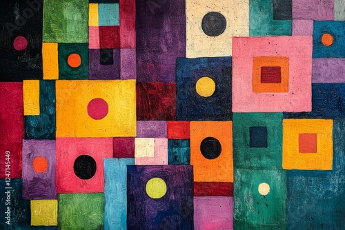 Abstract geometric art featuring vibrant colors and diverse shapes in a harmo...