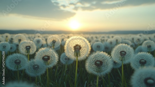 Dandelion field in bloom under cloudy skies with distant mountains in early s...