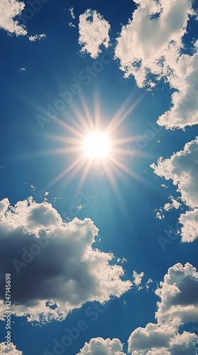 Bright sunlight shining through clouds on a clear blue sky during the day