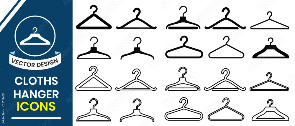 Fototapeta premium Hanger icon, vector set. Silhouette of Cloth hanger, coat or clothes rack, hook icon symbol vector isolated on white background. Wardrobe and household concept icon. Vector illustration.