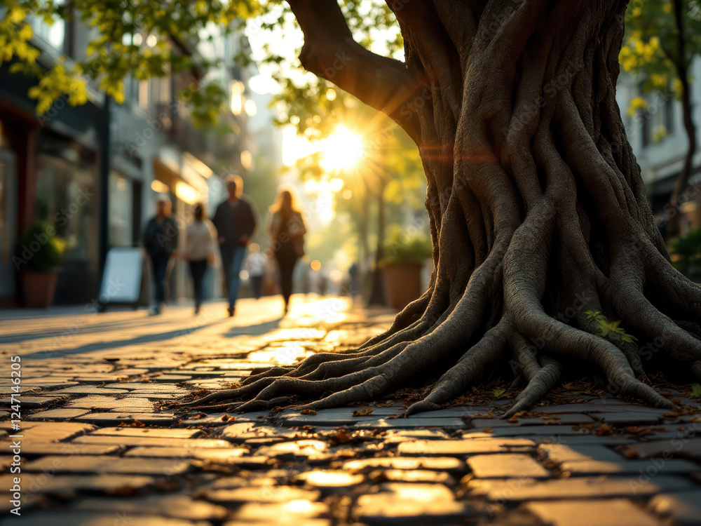 Obraz premium Urban serenity: sunlit tree with intricate roots on cobblestone street