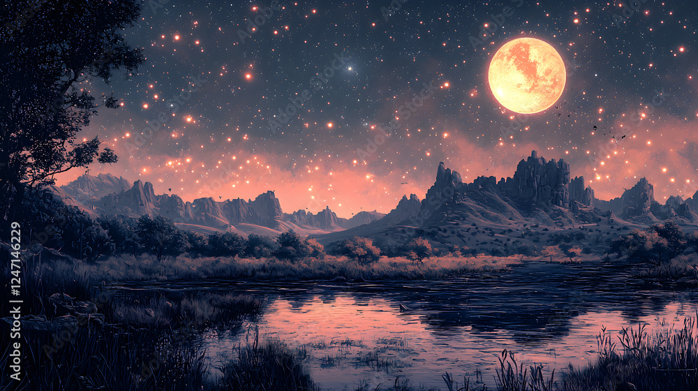 Fototapeta premium Serene Moonlit Night: Enchanting Stars Over Tranquil Water Reflections, Ethereal Landscape with Mystical Mountains and Celestial Sky, A Dreamy Exploration of Nature's Beauty and Calm Atmosphere